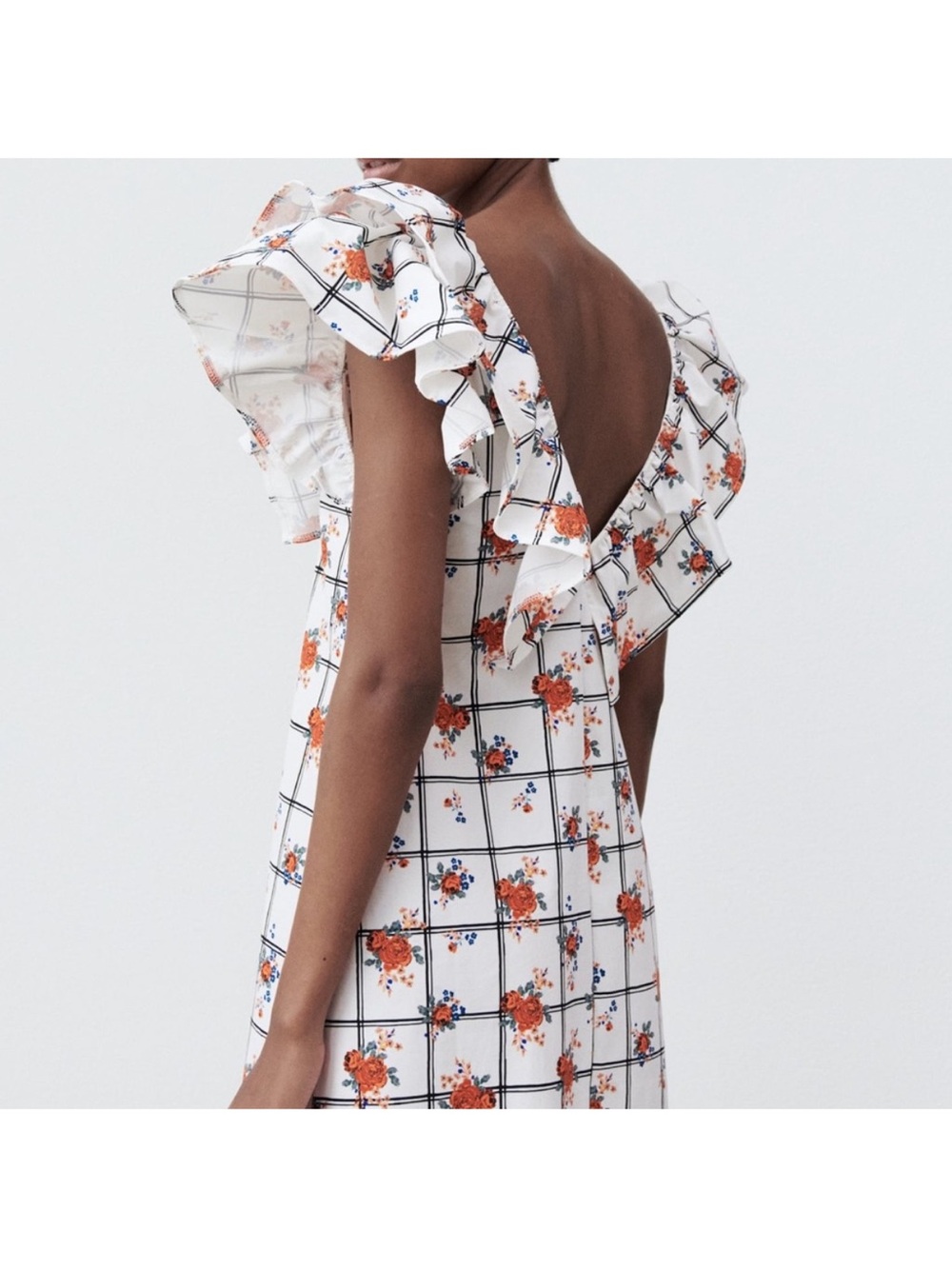 Zara White Floral Grid Ruffle Sleeve Midi Dress Large - Picture 4 of 12